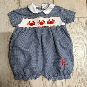 Excellent Condition Vive La Fete smocked Crab Embroidered N Onesie/Jumper 6M